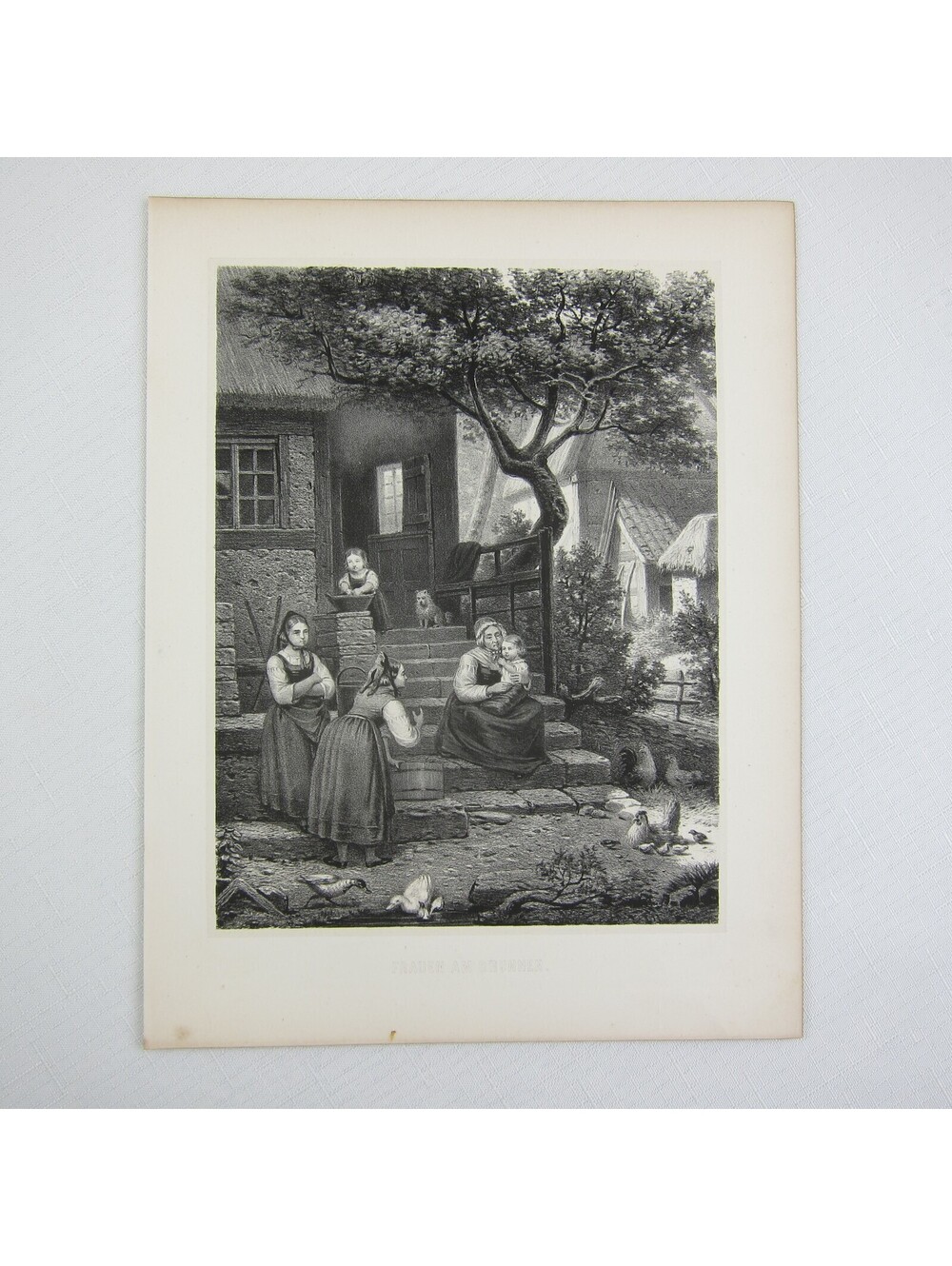 Antique 1800s Lithograph Women At The Well German RARE